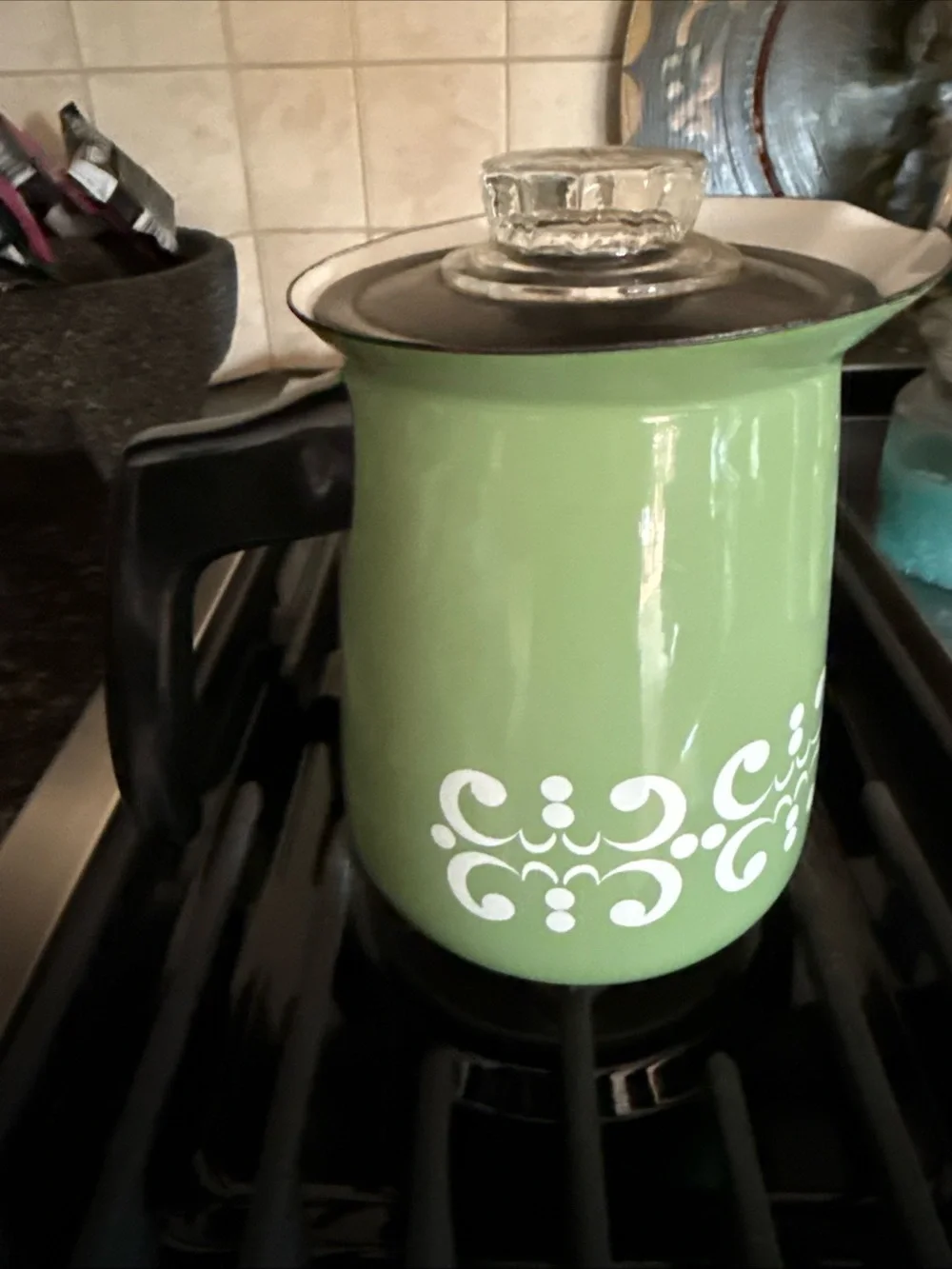 Vintage Green Decorative Enamel coffee pot with Glass Lid